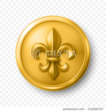 Vector 3d Gold Fleur-de-Lis Emblem Icon Isolated. Round Fleur-de-Lis Badge with Royal Heraldic Lily Symbol. Decorative Seal, Coin, Button for Medieval, Luxury, Heraldic Design 138896587