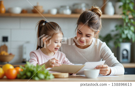 Mother daughter kitchen reading nutritional guidelines together at home while smiling in a bright modern kitchen environment 138896613