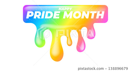 Happy Pride Month lettering on vibrant background. Rainbow dripping paint effect with white Happy Pride Month typography. Modern vector graphic for LGBTQ community support and June seasonal events Happy Pride Month lettering on vibrant background. Rainbow dripping paint effect with white Happy Pride Month typography. Modern vector graphic for LGBTQ community support and June seasonal events 138896679