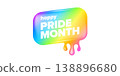 Happy Pride Month lettering on vibrant background. Rainbow dripping paint effect with white Happy Pride Month typography. Modern vector graphic for LGBTQ community support and June seasonal events 138896680