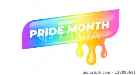 Happy Pride Month lettering on vibrant background. Rainbow dripping paint effect with white Happy Pride Month typography. Modern vector graphic for LGBTQ community support and June seasonal events 138896681