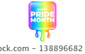 Happy Pride Month lettering on vibrant background. Rainbow dripping paint effect with white Happy Pride Month typography. Modern vector graphic for LGBTQ community support and June seasonal events 138896682