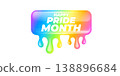 Happy Pride Month lettering on vibrant background. Rainbow dripping paint effect with white Happy Pride Month typography. Modern vector graphic for LGBTQ community support and June seasonal events 138896684