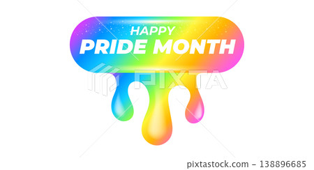 Happy Pride Month lettering on vibrant background. Rainbow dripping paint effect with white Happy Pride Month typography. Modern vector graphic for LGBTQ community support and June seasonal events Happy Pride Month lettering on vibrant background. Rainbow dripping paint effect with white Happy Pride Month typography. Modern vector graphic for LGBTQ community support and June seasonal events 138896685