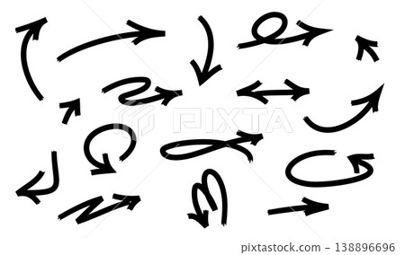 Arrow black design for set vector direction and icon symbol doodle. Line sign collection for down graphic sketch and curve element illustration. Arrow pointer isolated for set up drawing. 138896696