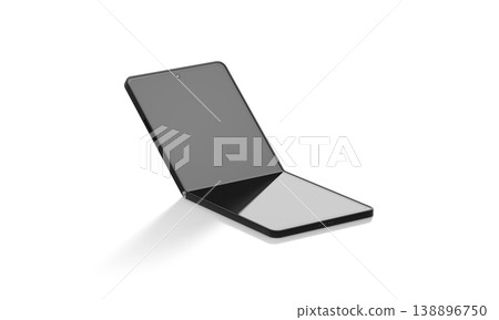 Blank black flexible chamshell phone display half folded mockup png, transparent background, 3d rendering. Empty transform smartphone frame mock up cut out. Clear hi-tech innovation flex template. Blank black flexible chamshell phone display half folded mockup png, transparent background, 3d rendering. Empty transform smartphone frame mock up cut out. Clear hi-tech innovation flex template. 138896750