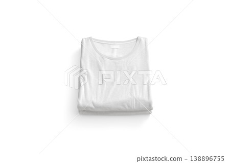 Blank white folded square t-shirt mockup stack png, transparent background, 3d rendering. Empty pile of fabric tshirt mock up cut out. Clear casual new undershirt model for woman or man template. 138896755