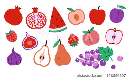 A set of various fruits and halves. Vector graphics. A set of various fruits and halves. Vector graphics. 138896807