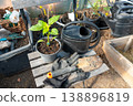Garden tools and a seedling in a pot standing on a wooden chair.  138896819
