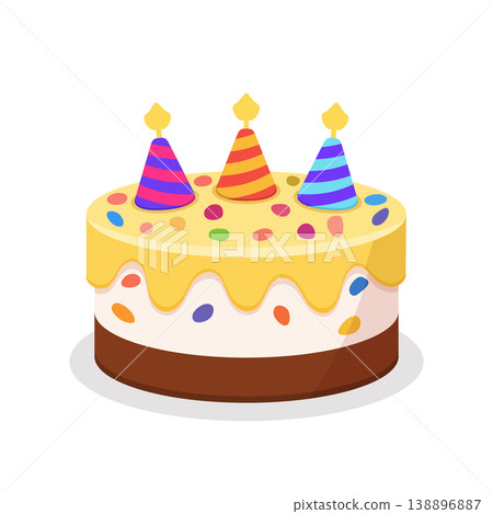 Funny cake with candles icon in flat colorful style. Bakery pie vector illustration on isolated background. Festive dessert sign business concept. Funny cake with candles icon in flat colorful style. Bakery pie vector illustration on isolated background. Festive dessert sign business concept. 138896887