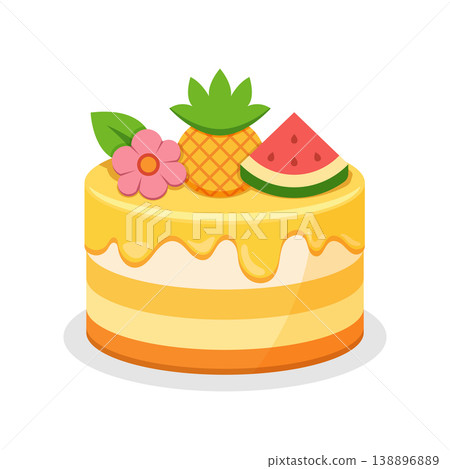 Funny cake with fruits and flower icon in flat colorful style. Bakery pie vector illustration on isolated background. Festive dessert sign business concept. Funny cake with fruits and flower icon in flat colorful style. Bakery pie vector illustration on isolated background. Festive dessert sign business concept. 138896889