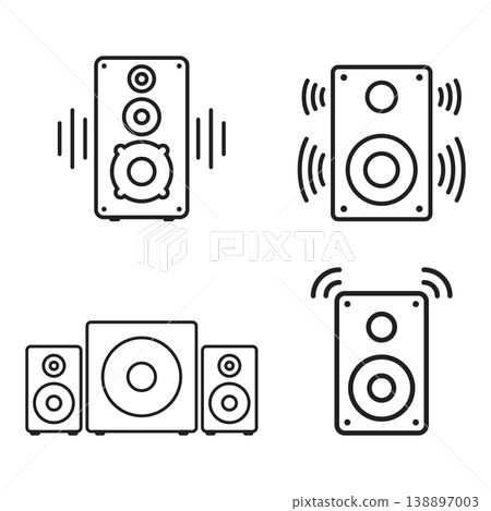 Speaker sound system icon in flat linear and outline style. Loudspeaker vector illustration on isolated background. Music subwoofer sign business concept. 138897003