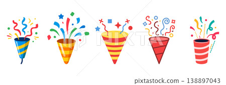 Exploding popper icon set collection in flat style. Party poppers vector illustration on isolated background. Firecracker and serpentine sign business concept. Exploding popper icon set collection in flat style. Party poppers vector illustration on isolated background. Firecracker and serpentine sign business concept. 138897043