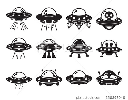 UFO spaceship icon set collection in flat style. Spacecraft vector illustration on isolated background. Futuristic transport sign business concept. UFO spaceship icon set collection in flat style. Spacecraft vector illustration on isolated background. Futuristic transport sign business concept. 138897048