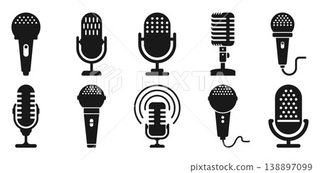 Microphone silhouette icon set collection in flat style. Mic for podcast vector illustration on isolated background. Music equipment sign business concept. Microphone silhouette icon set collection in flat style. Mic for podcast vector illustration on isolated background. Music equipment sign business concept. 138897099
