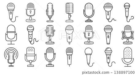 Microphone icon set collection in outline stroke flat style. Mic for podcast vector illustration on isolated background. Music equipment linear sign business concept. Microphone icon set collection in outline stroke flat style. Mic for podcast vector illustration on isolated background. Music equipment linear sign business concept. 138897100