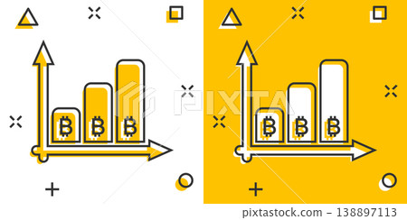 Bitcoin growth icon in comic style. Blockchain cartoon vector illustration on white isolated background. Cryptocurrency splash effect business concept. 138897113
