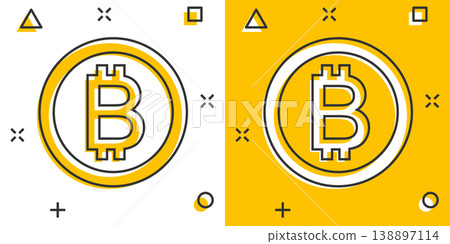Bitcoin icon in comic style. Blockchain cartoon vector illustration on white isolated background. Cryptocurrency splash effect business concept. Bitcoin icon in comic style. Blockchain cartoon vector illustration on white isolated background. Cryptocurrency splash effect business concept. 138897114