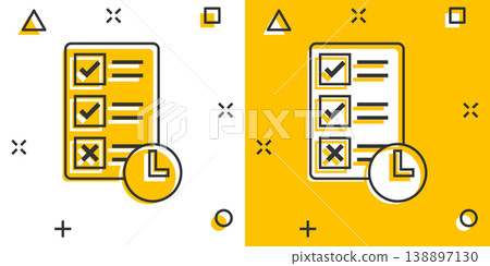Contract time icon in comic style. Document with clock cartoon vector illustration on white background. Deadline splash effect business concept. Contract time icon in comic style. Document with clock cartoon vector illustration on white background. Deadline splash effect business concept. 138897130