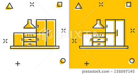 Kitchen furniture icon in comic style. Cuisine cartoon vector illustration on white isolated background. Cooking room splash effect business concept. Kitchen furniture icon in comic style. Cuisine cartoon vector illustration on white isolated background. Cooking room splash effect business concept. 138897145