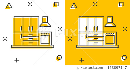 Kitchen furniture icon in comic style. Cuisine cartoon vector illustration on white isolated background. Cooking room splash effect business concept. 138897147