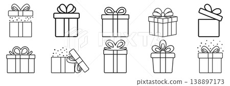 Gift box icon set collection in outline stroke flat style. Prize with ribbon bow vector illustration on isolated background. Christmas package linear sign business concept. Gift box icon set collection in outline stroke flat style. Prize with ribbon bow vector illustration on isolated background. Christmas package linear sign business concept. 138897173