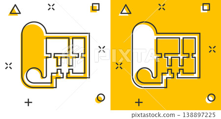 Room plan icon in comic style. Blueprint cartoon vector illustration on white isolated background. House project splash effect business concept. Room plan icon in comic style. Blueprint cartoon vector illustration on white isolated background. House project splash effect business concept. 138897225