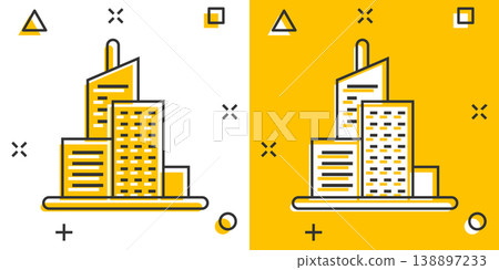 Building icon in comic style. Town skyscraper apartment cartoon vector illustration on white isolated background. City tower splash effect business concept. Building icon in comic style. Town skyscraper apartment cartoon vector illustration on white isolated background. City tower splash effect business concept. 138897233
