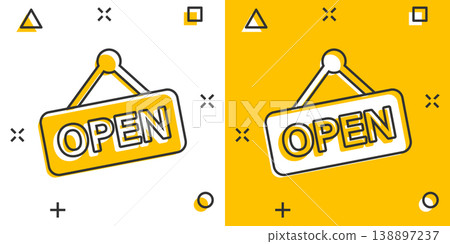 Open sign icon in comic style. Accessibility cartoon vector illustration on white isolated background. Message splash effect business concept. Open sign icon in comic style. Accessibility cartoon vector illustration on white isolated background. Message splash effect business concept. 138897237