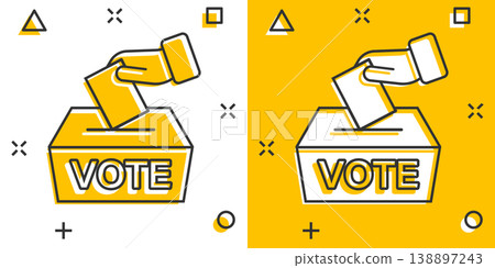 Vote icon in comic style. Ballot box cartoon vector illustration on white isolated background. Election splash effect business concept. Vote icon in comic style. Ballot box cartoon vector illustration on white isolated background. Election splash effect business concept. 138897243