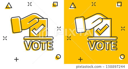 Vote icon in comic style. Ballot box cartoon vector illustration on white isolated background. Election splash effect business concept. Vote icon in comic style. Ballot box cartoon vector illustration on white isolated background. Election splash effect business concept. 138897244