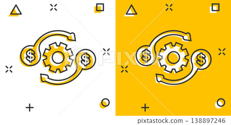 Money optimization icon in comic style. Gear effective cartoon vector illustration on white isolated background. Finance process splash effect business concept. Money optimization icon in comic style. Gear effective cartoon vector illustration on white isolated background. Finance process splash effect business concept. 138897246
