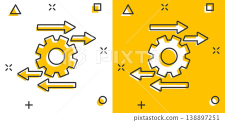 Process icon in comic style. Arrow and gear cartoon vector illustration on white isolated background. Optimization splash effect business concept. Process icon in comic style. Arrow and gear cartoon vector illustration on white isolated background. Optimization splash effect business concept. 138897251