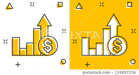 Growth arrow icon in comic style. Revenue cartoon vector illustration on white isolated background. Increase splash effect business concept. Growth arrow icon in comic style. Revenue cartoon vector illustration on white isolated background. Increase splash effect business concept. 138897256