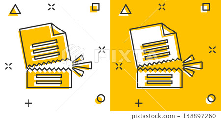 Document error icon in comic style. Broken report cartoon vector illustration on white isolated background. Damaged splash effect business concept. Document error icon in comic style. Broken report cartoon vector illustration on white isolated background. Damaged splash effect business concept. 138897260