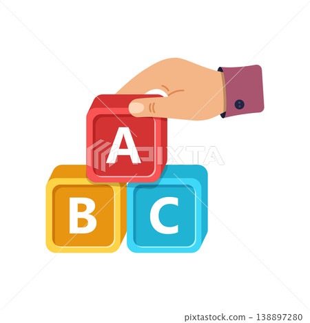 Hand holding alphabet ABC blocks icon in colorful flat style. Child education vector illustration on isolated background. Elementary school sign business concept. Hand holding alphabet ABC blocks icon in colorful flat style. Child education vector illustration on isolated background. Elementary school sign business concept. 138897280