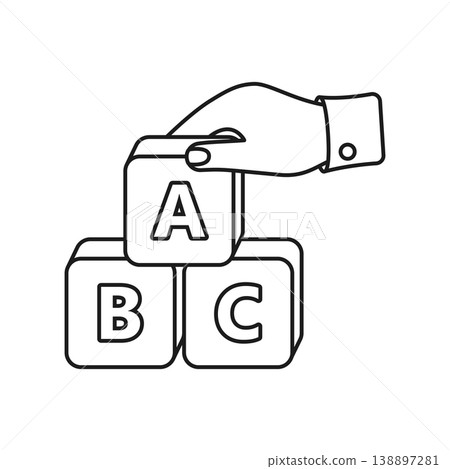 Hand holding alphabet ABC blocks icon silhouette in flat style. Child education vector illustration on isolated background. Elementary school sign business concept. Hand holding alphabet ABC blocks icon silhouette in flat style. Child education vector illustration on isolated background. Elementary school sign business concept. 138897281