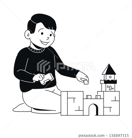 Boy Playing with Blocks - Black and White Flat Design Illustration Boy Playing with Blocks - Black and White Flat Design Illustration 138897315