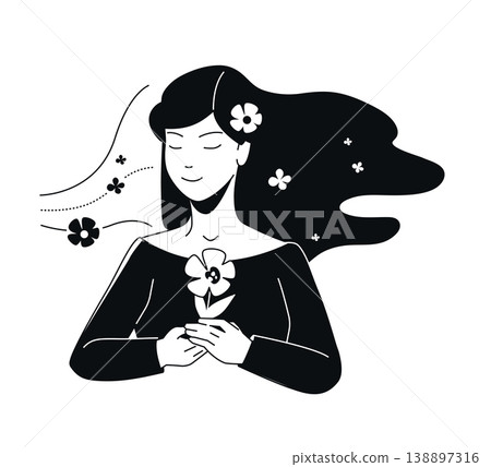 Serene Woman with Flowers - Black and White Flat Design Illustration Serene Woman with Flowers - Black and White Flat Design Illustration 138897316