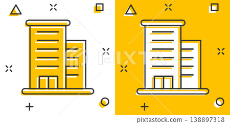 Building icon in comic style. Town skyscraper apartment cartoon vector illustration on white isolated background. City tower splash effect business concept. Building icon in comic style. Town skyscraper apartment cartoon vector illustration on white isolated background. City tower splash effect business concept. 138897318