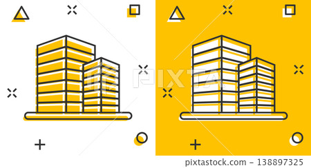 Building icon in comic style. Town skyscraper apartment cartoon vector illustration on white isolated background. City tower splash effect business concept. Building icon in comic style. Town skyscraper apartment cartoon vector illustration on white isolated background. City tower splash effect business concept. 138897325