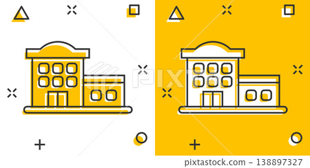 Building icon in comic style. Factory cartoon vector illustration on white isolated background. City tower splash effect business concept. Building icon in comic style. Factory cartoon vector illustration on white isolated background. City tower splash effect business concept. 138897327