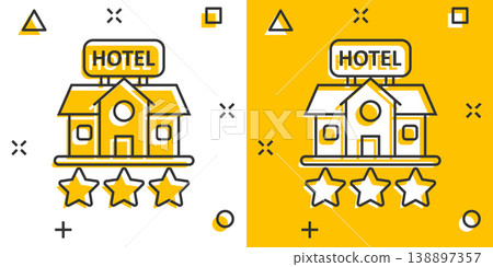 Hotel 3 stars sign icon in comic style. Inn building cartoon vector illustration on white isolated background. Hostel room splash effect business concept. Hotel 3 stars sign icon in comic style. Inn building cartoon vector illustration on white isolated background. Hostel room splash effect business concept. 138897357