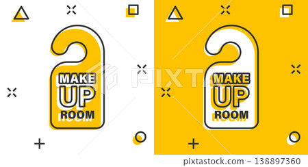 Make up room hotel sign icon in comic style. Inn cartoon vector illustration on white isolated background. Hostel clean splash effect business concept. Make up room hotel sign icon in comic style. Inn cartoon vector illustration on white isolated background. Hostel clean splash effect business concept. 138897360