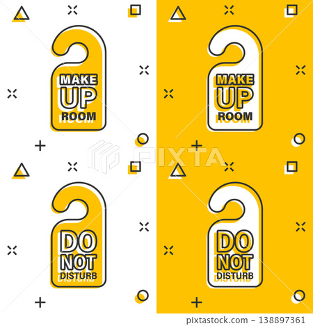 Do not disturb hotel sign icon in comic style. Inn cartoon vector illustration on white isolated background. Make up room splash effect business concept. Do not disturb hotel sign icon in comic style. Inn cartoon vector illustration on white isolated background. Make up room splash effect business concept. 138897361