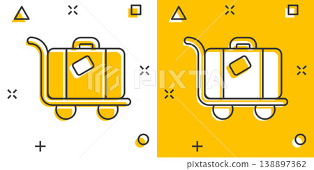 Travel bag icon in comic style. Luggage cartoon vector illustration on white isolated background. Baggage splash effect business concept. Travel bag icon in comic style. Luggage cartoon vector illustration on white isolated background. Baggage splash effect business concept. 138897362