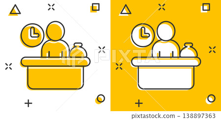 Check in reception icon in comic style. Booking service cartoon vector illustration on white isolated background. Hotel reservation splash effect business concept. Check in reception icon in comic style. Booking service cartoon vector illustration on white isolated background. Hotel reservation splash effect business concept. 138897363