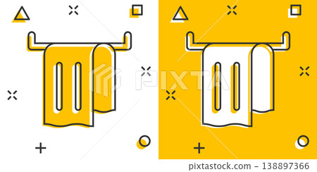 Bathroom towel icon in comic style. Washcloth cartoon vector illustration on white isolated background. Hygiene wiping splash effect business concept. Bathroom towel icon in comic style. Washcloth cartoon vector illustration on white isolated background. Hygiene wiping splash effect business concept. 138897366