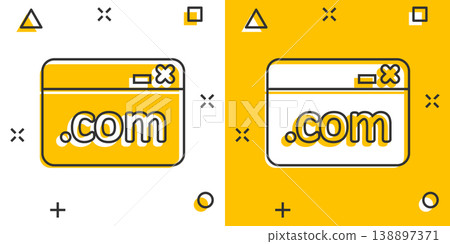 Website domain icon in comic style. Com internet address cartoon vector illustration on white isolated background. Server splash effect business concept. 138897371