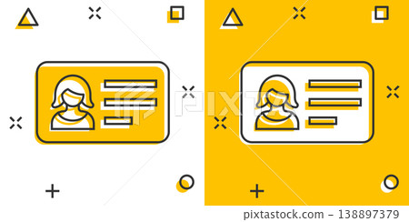 Women id card icon in comic style. Identity tag cartoon vector illustration on white isolated background. Driver licence splash effect business concept. Women id card icon in comic style. Identity tag cartoon vector illustration on white isolated background. Driver licence splash effect business concept. 138897379